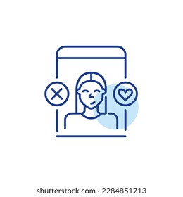 Interfaz de aplicación de citas. Chica sonriente usuaria. Buscando una pareja romántica. Coincidir y pasar símbolos. Icono de cruz y corazón
