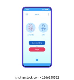 Dating app interface vector template. Mobile app interface blue design layout. Smartphone online dating application. Flat UI. Phone display with man and woman match. Start chatting or swipe