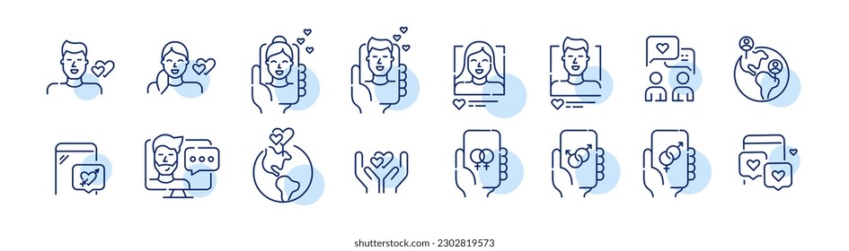 Aplicación de citas. Usuarios internacionales, todas las orientaciones buscando relaciones románticas. Juego de iconos de trazo de píxeles perfectos y editables