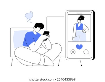 Namoro app isolado desenhos animados vetor ilustrações. Homem passa fotos em uma tela de smartphone quando usando aplicativo de namoro, desenvolvimento de tecnologia de TI, desenho animado de vetor de relacionamento on-line.