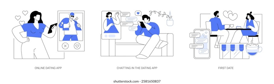 Dating app isolated cartoon vector illustrations set. Girl holding smartphone, get a match, application interface, chat with potential partner, first date, romantic relationship vector cartoon.