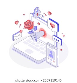 Dating App is an Isometric concept. A Hand climbs out of the monitor and Holds a Rose Flower. Vector illustration
