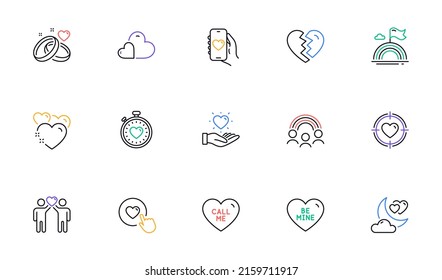 Dating app, Lgbt and Valentine target line icons for website, printing. Collection of Heart, Inclusion, Like button icons. Care, Be mine, Break up web elements. Friends couple, Call me. Vector