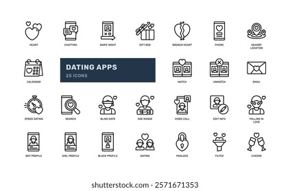 dating app love romance technology detailed outline line icon set