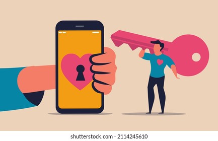 App de citas y hombre con smartphone y llave. El romance de los medios sociales y el amor comparten el concepto de dibujo de ilustraciones vectoriales. Conexión con el dispositivo de teléfono y coquetear en línea. Buscar persona y buscar en la red
