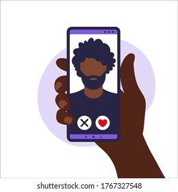 Dating app. Mobile dating app for finding new friends, hook-ups and romantic partners. Illustration of human hand holding smartphone with foto african man. Vector illustration in flat.