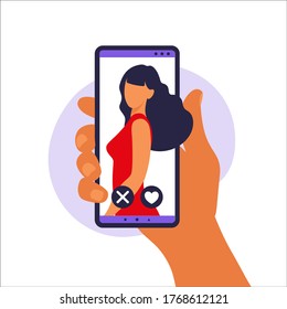 Dating app. Mobile dating app for finding new friends, hook-ups and romantic partners. Illustration of human hand holding smartphone with foto girl. Vector illustration in flat.