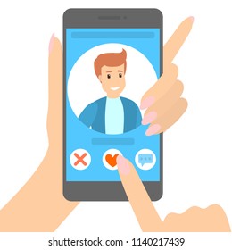 Dating app on the phone. Online communication and connection. Sending heart to a handsome man and asking for a date. Searching for romantic relationship. Isolated flat vector illustration