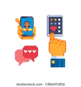 Dating app on the phone, smartphone with heart on display and portraits of woman, online dating app, searching for love and relationship pixel art icon. Design for logo, web, logo. Isolated vector.  