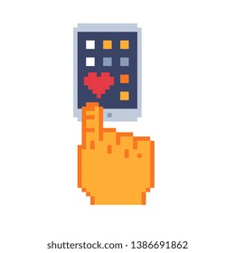 Dating app on the phone, smartphone with heart on display, online dating app, searching for love and relationship pixel art icon. Valentines Day. Design for logo, posters, web, logo. Isolated vector.