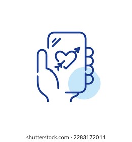 Dating app on smartphone. Heart pierced with arrow. Online romance relationship. Pixel perfect, editable stroke icon