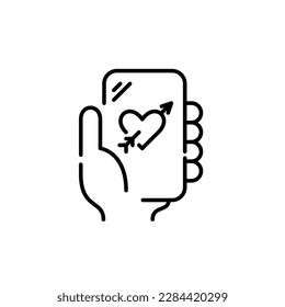 Dating app on smartphone. Online romantic relationship. Pixel perfect, editable stroke line design icon