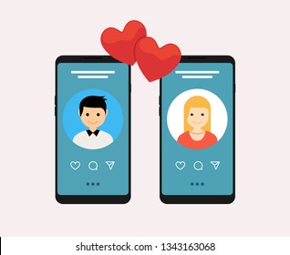 Dating app online mobile concept. Female male profile falt design. Couple match for relationship.