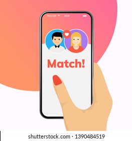 Dating app online mobile concept. Female male profile flat design. Couple dating match for relationship.
