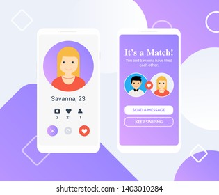 Dating App Online Mobile Concept. Female Male Profile Flat Design. Couple Match For Relationship.