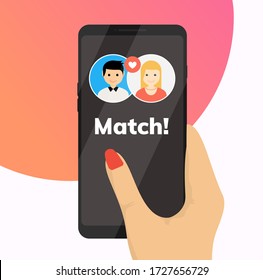 Dating App Online Mobile Concept. Profil flach für männliche Frauen. Partnerschaftliche Beziehung