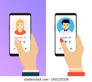 Concepto móvil en línea de aplicación de citas. Diseño plano de perfil masculino femenino. Coincidencia de pareja para la relación