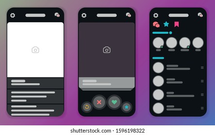 Dating App Online Mobile Profile Template. Online Dating And Social Networking Concept Set. Vector Mock Up In A Dark Theme.