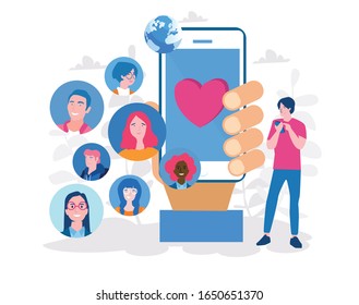 Aplicación de citas, aplicación de servicio de citas en línea. portando teléfonos móviles, Gran mano sosteniendo smartphone, Vector ilustración para banner web, infografía, móvil.