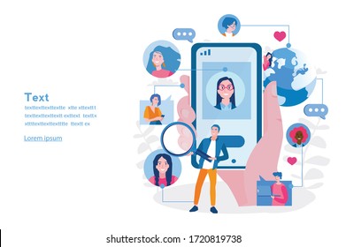 Dating app, Online dating service application, Vector illustration for web banner, infographics, mobile. Hands holding smartphone with profiles. Beautiful man and woman, Video chat application.