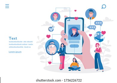 Dating app, Online dating service application, Vector illustration for web banner, infographics, mobile. Hands holding smartphone with profiles. Beautiful man and woman, Video chat application.