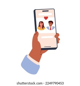 Dating app for phone. Hand hold cell phone for search love. Flat vector illustration