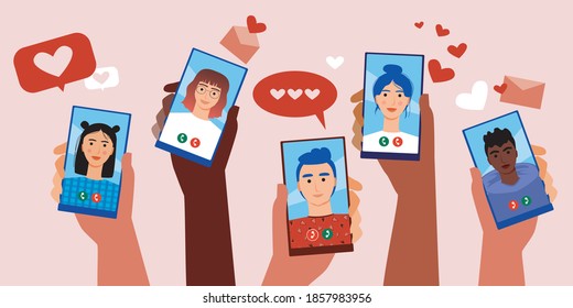 Dating app, phone in hand isolated. Flat vector illustration. Phone with dating app. Concept for online dating, flirting, internet dating. Online flirting illustration