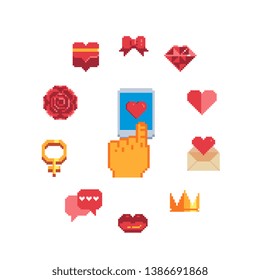 Dating app, pixel art icon set, love chat, mobile phone sent message, hands holding smartphones, design for sticker, web, logo. Acquaintance through the social network. Isolated vector. Valentines Day