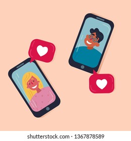 Dating app presentation. Image of man and woman in separate frames, that showes connection and heart shaped like. Date social media application prototype. Programm to find your couple, exchange liking
