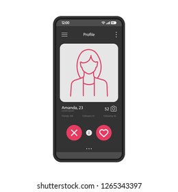 Dating App Profile Interface Vector Template. Mobile App Interface Black Design Layout. Online Dating Smartphone Application. Flat UI. Phone Display With Woman's Profile Information