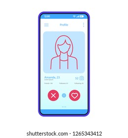 Dating app profile interface vector template. Mobile app interface blue design layout. Online dating smartphone application. Flat UI. Phone display with woman's profile information