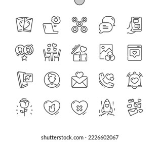 Dating app. Romantic messages. Gift, call, notification, rose, match and other. Pixel Perfect Vector Thin Line Icons. Simple Minimal Pictogram