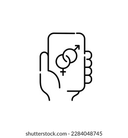 Aplicación de citas. Relación romántica representada por símbolos masculinos y femeninos entrelazados. Icono de trazo de píxeles perfecto, modificable