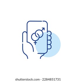 Aplicación de citas. Relación romántica representada por símbolos masculinos y femeninos entrelazados. Icono de trazo de píxeles perfecto, modificable