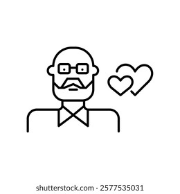 Dating app for seniors. Older man wearing glasses and beard and two hearts. Pixel perfect vector icon