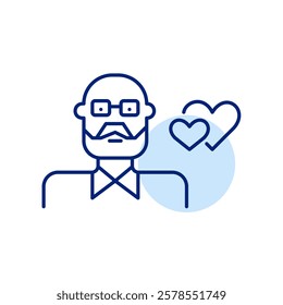 Dating app for seniors. Older man wearing glasses and beard and two hearts. Pixel perfect, editable stroke icon