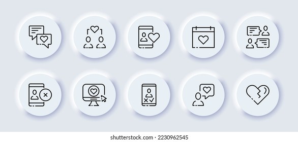 Dating app set icon. Heart, love, feelings, texting, couple, date, phone, message, website, cross, computer, approve, reject, tick, broken. Relationships concept. Neomorphism style. Vector line icon