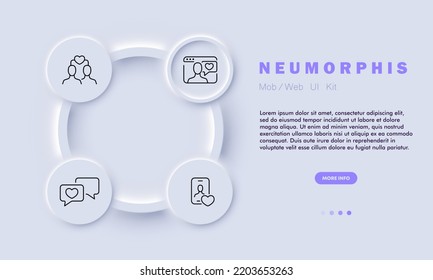 Icono de juego de aplicaciones de fechas. Sitio web, encuentro, corazón, sentimientos, amor, me gusta botón, cursor, dedo, sitio web, pareja, lgbt. Concepto de relaciones de larga distancia. Estilo neomorfista. Icono de línea de vector para empresas