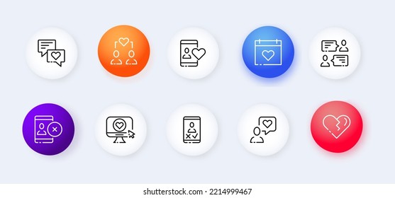 Icono de juego de aplicaciones de fechas. Sitio web, encuentro, corazón, sentimiento, amor, me gusta el botón, el cursor, el dedo, la burbuja del habla, la pareja. Concepto de relaciones a distancia. Estilo neomorfista. Icono de línea de vector para empresas