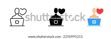 Dating app set icon. Website, meeting, broken heart, feelings, love, like button, cursor, finger, computer, couple. Relationships concept. Vector icon in line, black and colorful style
