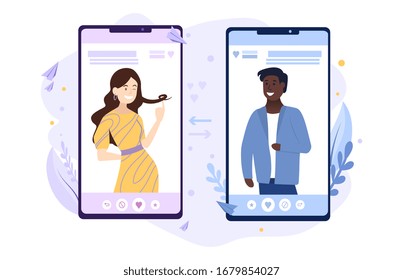 Dating app showing a young black man and caucasian woman on mobile phones in pink and blu eplaced side by side, vector illustration