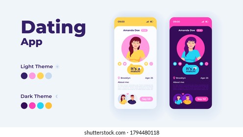 Dating app smartphone interface vector templates set. Mobile page light and dark theme design layout. Flat UI for online chatting application screen. Matchmaking and communication. Phone display