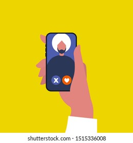 Dating App. Swipe Left Or Right. Find A Partner. Online Digital Service. A Portrait Of Young Indian Male Character. Millennial Lifestyle. Flat Editable Vector Illustration, Clip Art