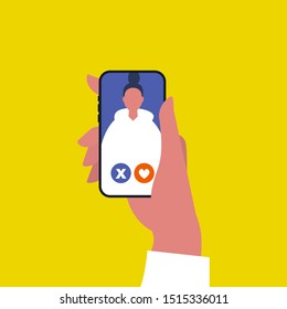 Dating app. Swipe left or right. Find a partner. Online digital service. A portrait of young female character. Millennial lifestyle. Flat editable vector illustration, clip art