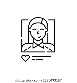 Dating app user profile icon. Smiling student girl with long hair wearing shirt. Pixel perfect editable stroke icon