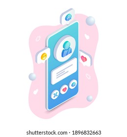 Dating app user profile on mobile phone screen. Online Dating application interface isometric concept. 3D smartphone with buttons. Trendy Social media vector illustration for web site, apps, banner