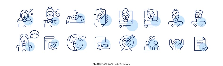 Dating app users chatting looking for match. Romantic relationships, marriage, attraction. Pixel perfect, editable stroke icons set