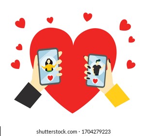 Dating app using vector illustrations set. Meeting website, acquaintance and speed date mobile application. Online correspondence, rendezvous, communication. Liking, match, couple building concept.