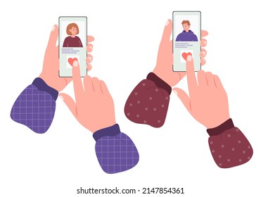 Dating app using vector illustrations set. Meeting website, acquaintance and speed date mobile application. Online correspondence, rendezvous, communication. Liking, match, couple building concept.