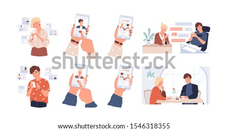 Dating app using vector illustrations set. Meeting website, acquaintance and speed date mobile application. Online correspondence, rendezvous, communication. Liking, match, couple building concept.
